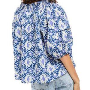 Free People Willow Printed Boho Smocked Puff Sleeve Top Blouse Size S Blue Purpl